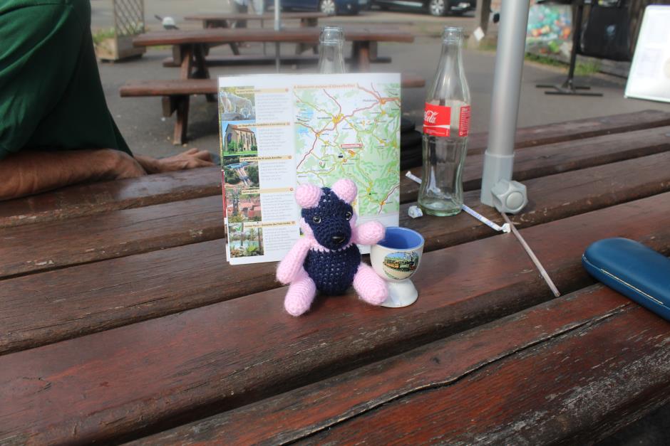 Sheila on a picnic table in Abreschviller