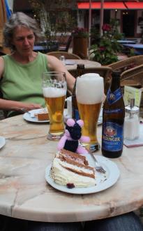 Sheila with a large slice of Black Forest gateau