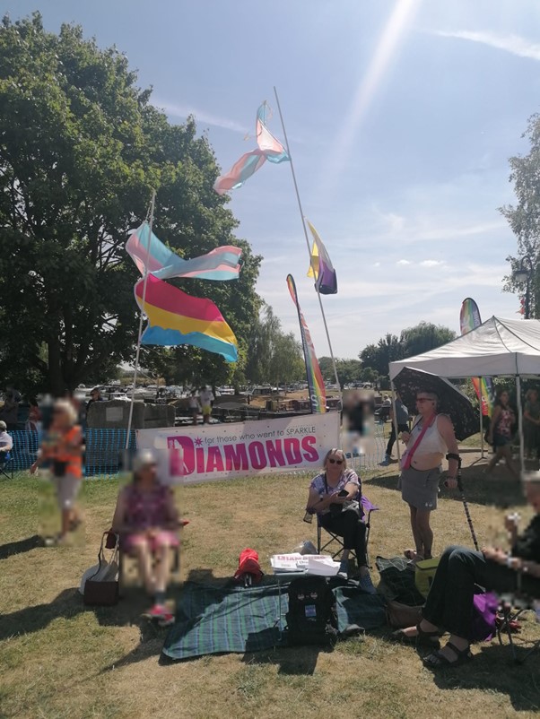 People, flags, banner and picnic blanket